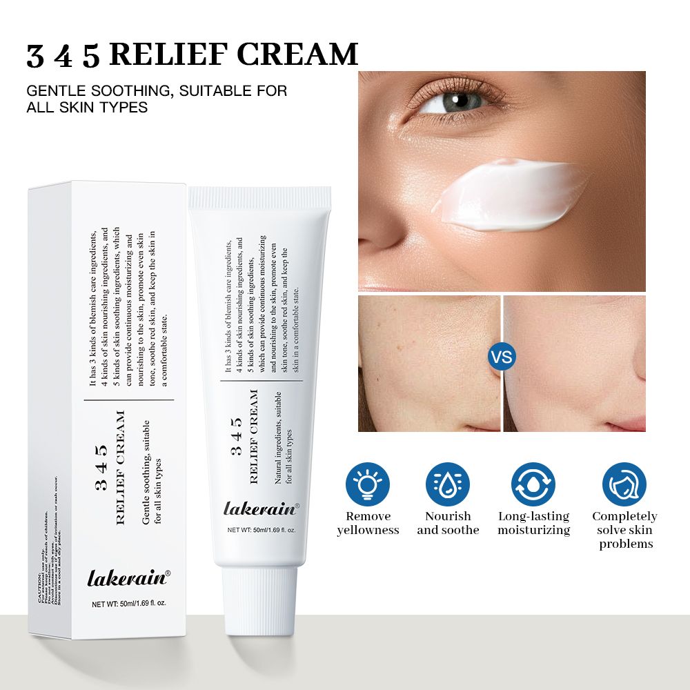 345 Relief Cream packaging with application on skin and benefits listed