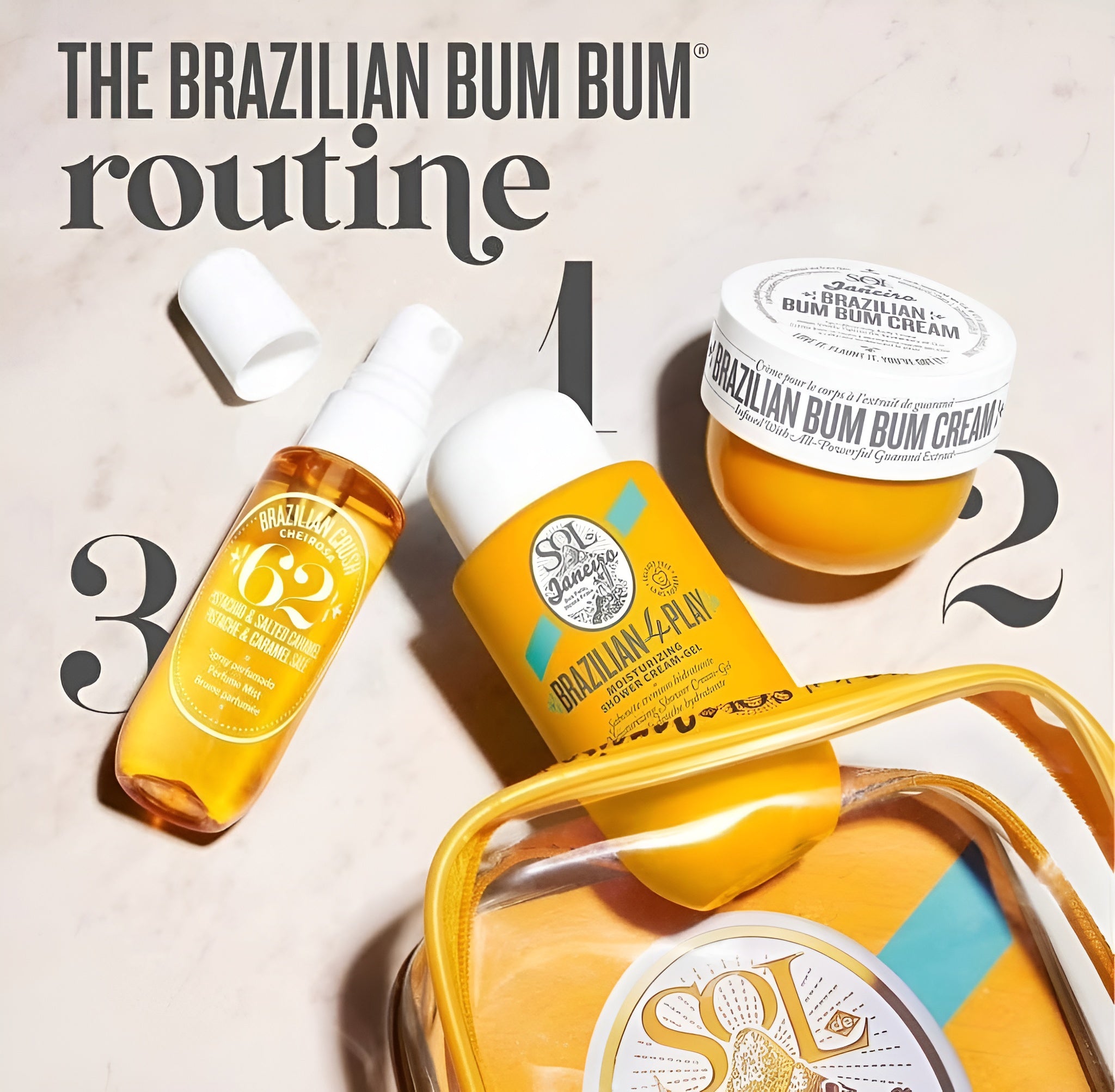مجموعة Sol de Janeiro Brazilian 62 Bum Bum Jet Set - كريم بام بام وبخاخ الجسم وجل الاستحمام برائحة الكراميل - منتج برازيلي أصلي
